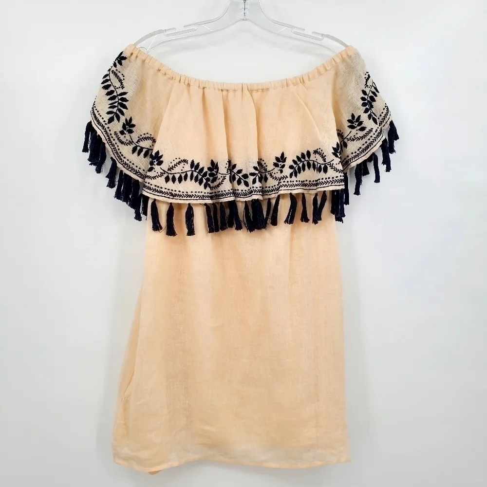 St. Roche 100% Linen Off Shoulder Embroidered Tassel Mini Dress